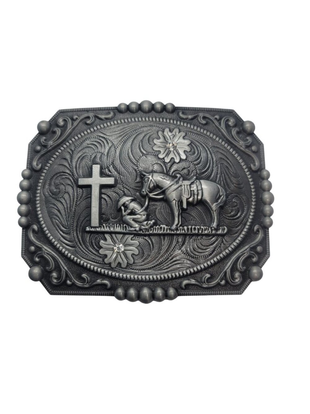 Western Horse & Cross Belt Buckle Floral Design Rhinestones Cowboy Praying Theme